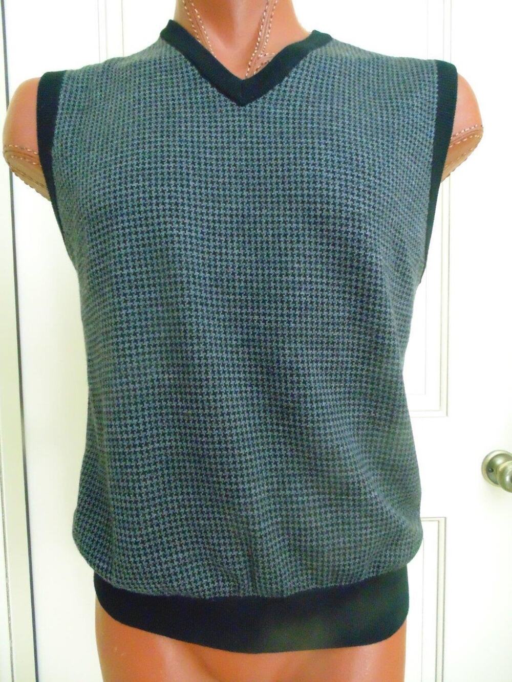 New Retro Mens L Pullover Sweater Vest Wool Blend Houndstooth Black Gray V Neck